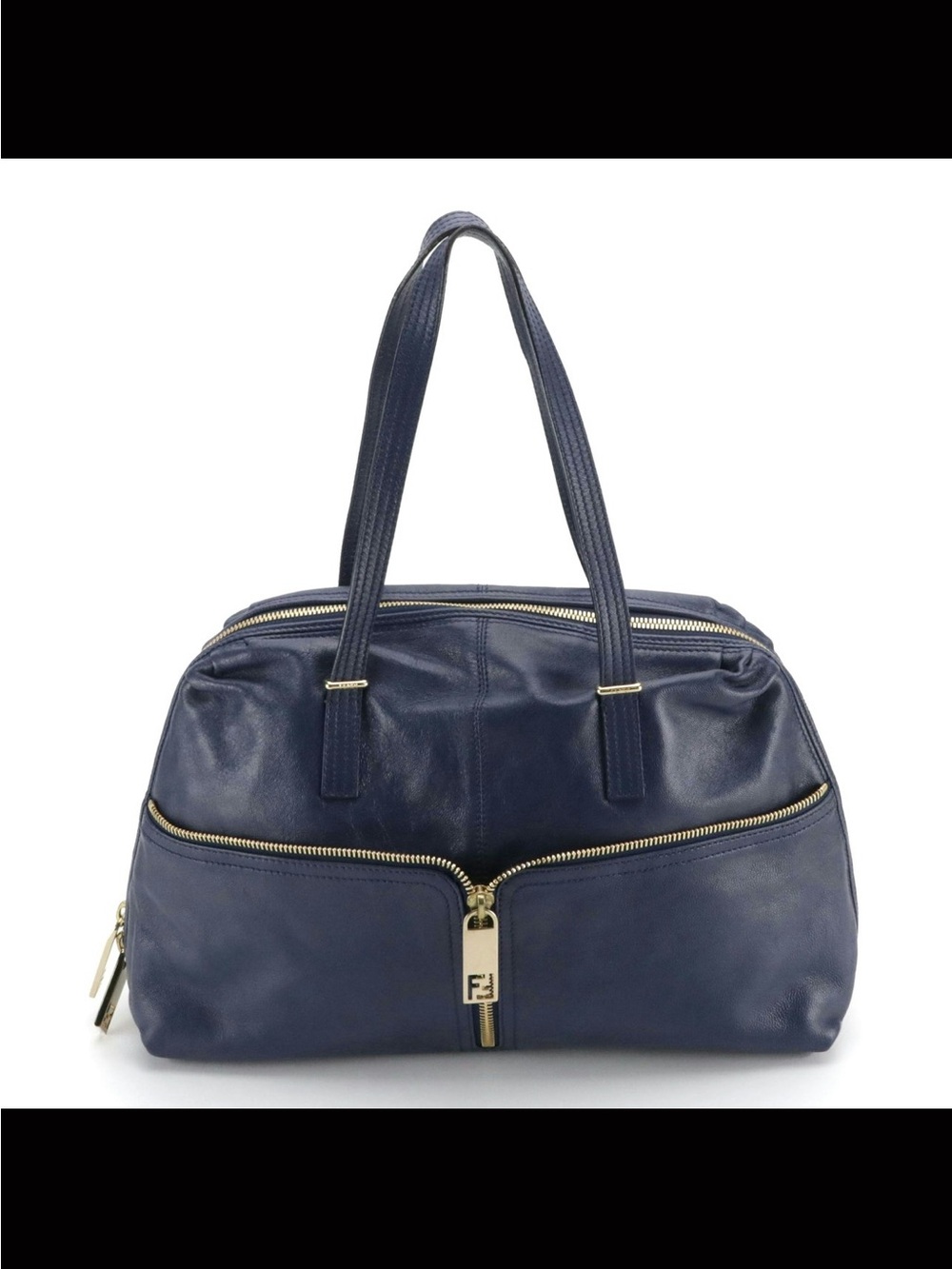 Fendi Zip Detail Navy Leather Double-Zip Shoulder Bag